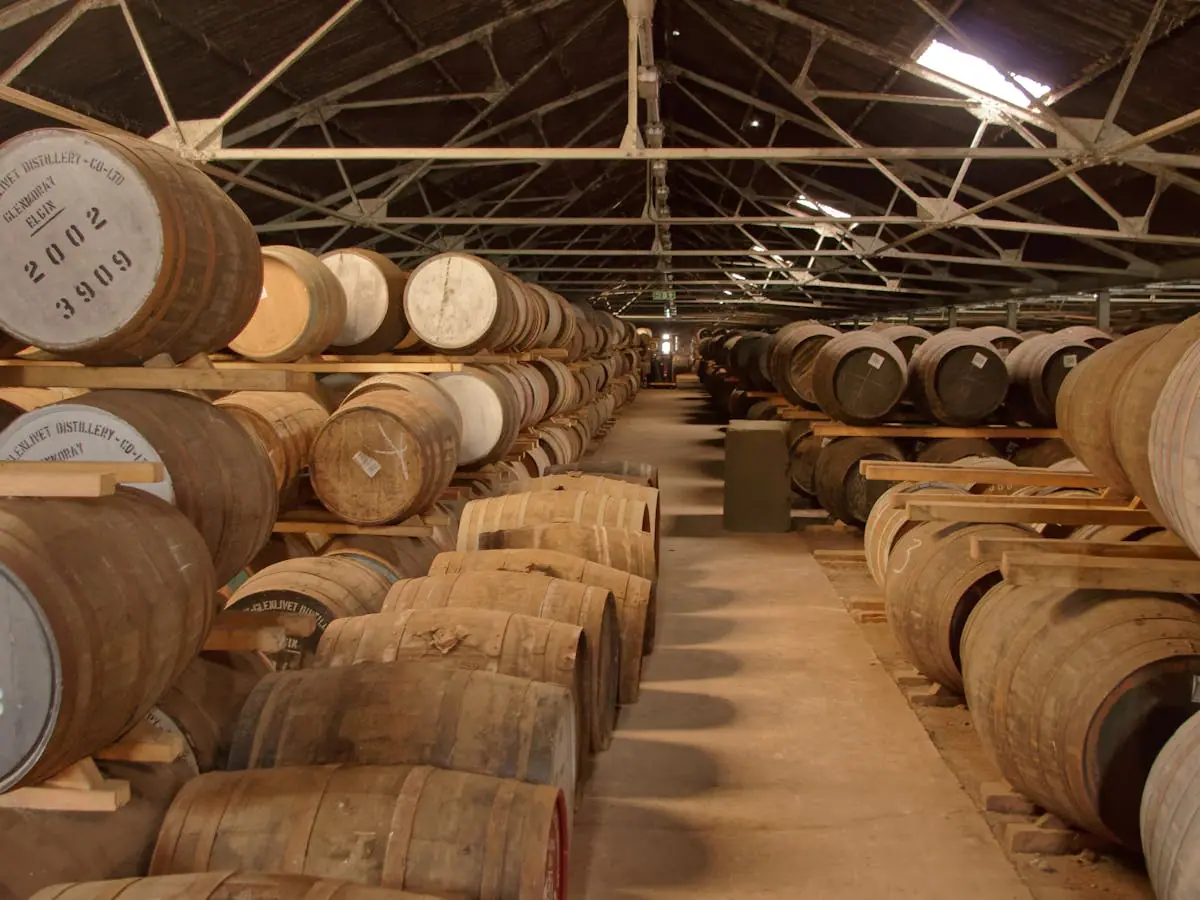 Rows of charred oak whiskey barrels aging in a dim stone barrel room