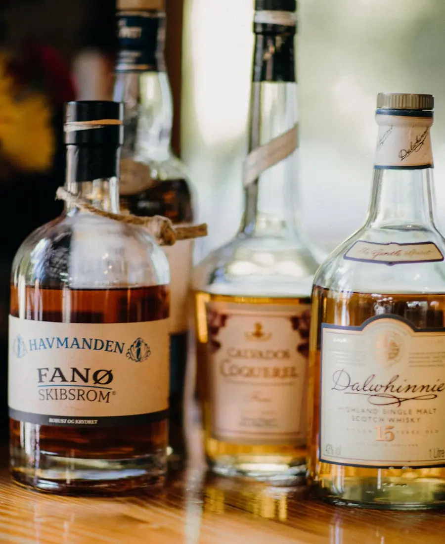 Premium reserve whiskey bottle with a leather-wrapped neck and embossed copper label